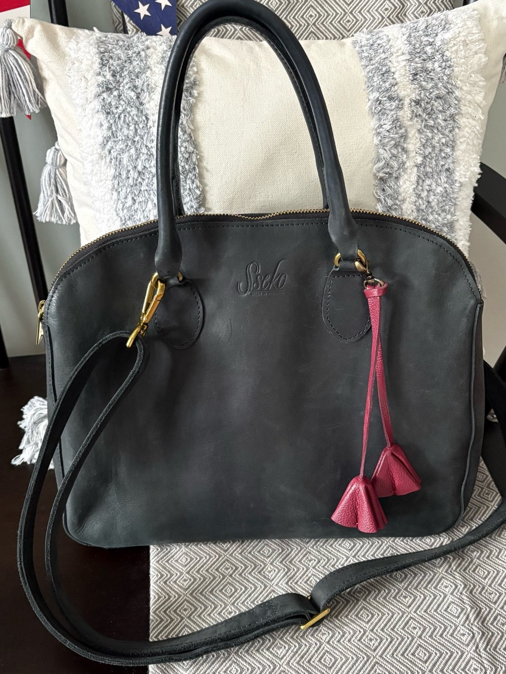 Sseko Black Leather Satchel with burgundy Tassel Charm
